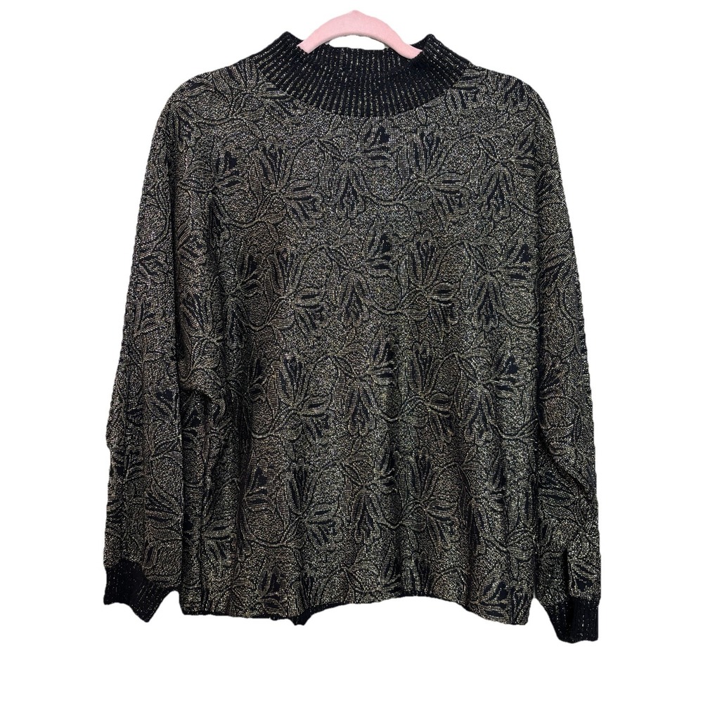 Vintage Black & Gold Metallic Sweater Women's L – Cliché Floral Knit Retro Glam‎
